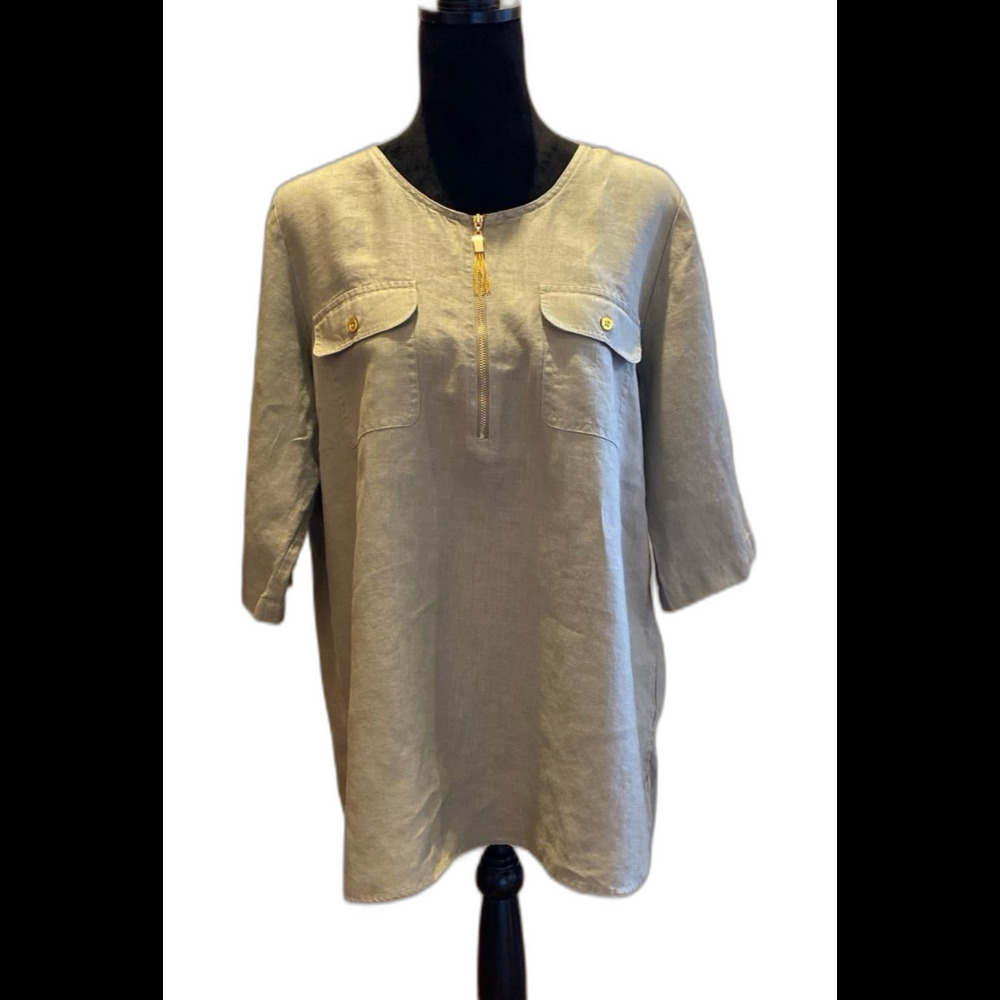 Ellen Tracy Blouse 100% Linen Sz Large Gray Green Top Tunic Front Pockets Hi Low